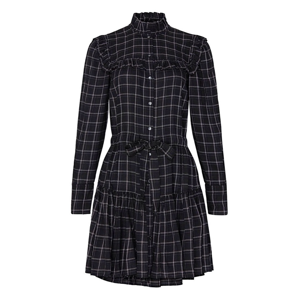 Rebecca Taylor La Vie Drapey Plaid Long Sleeve Belted Ruffle Dress - Black Combo - Picture 8 of 16